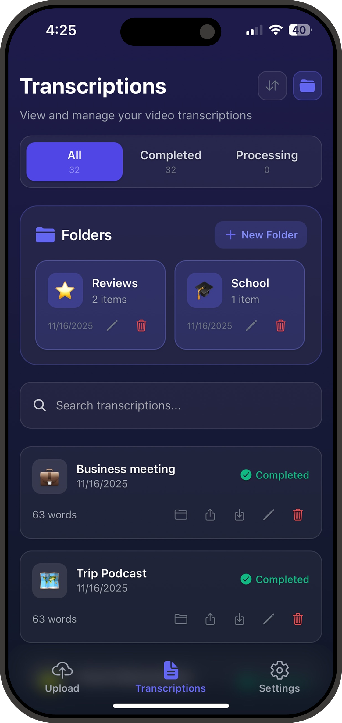 Organize transcriptions into folders in Vid2