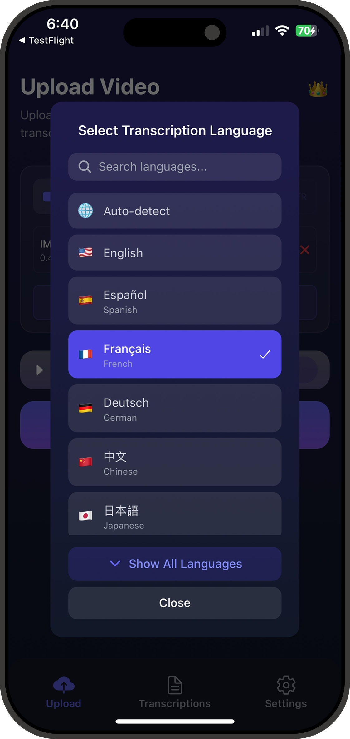 Choose from over 70 transcription languages in Vid2